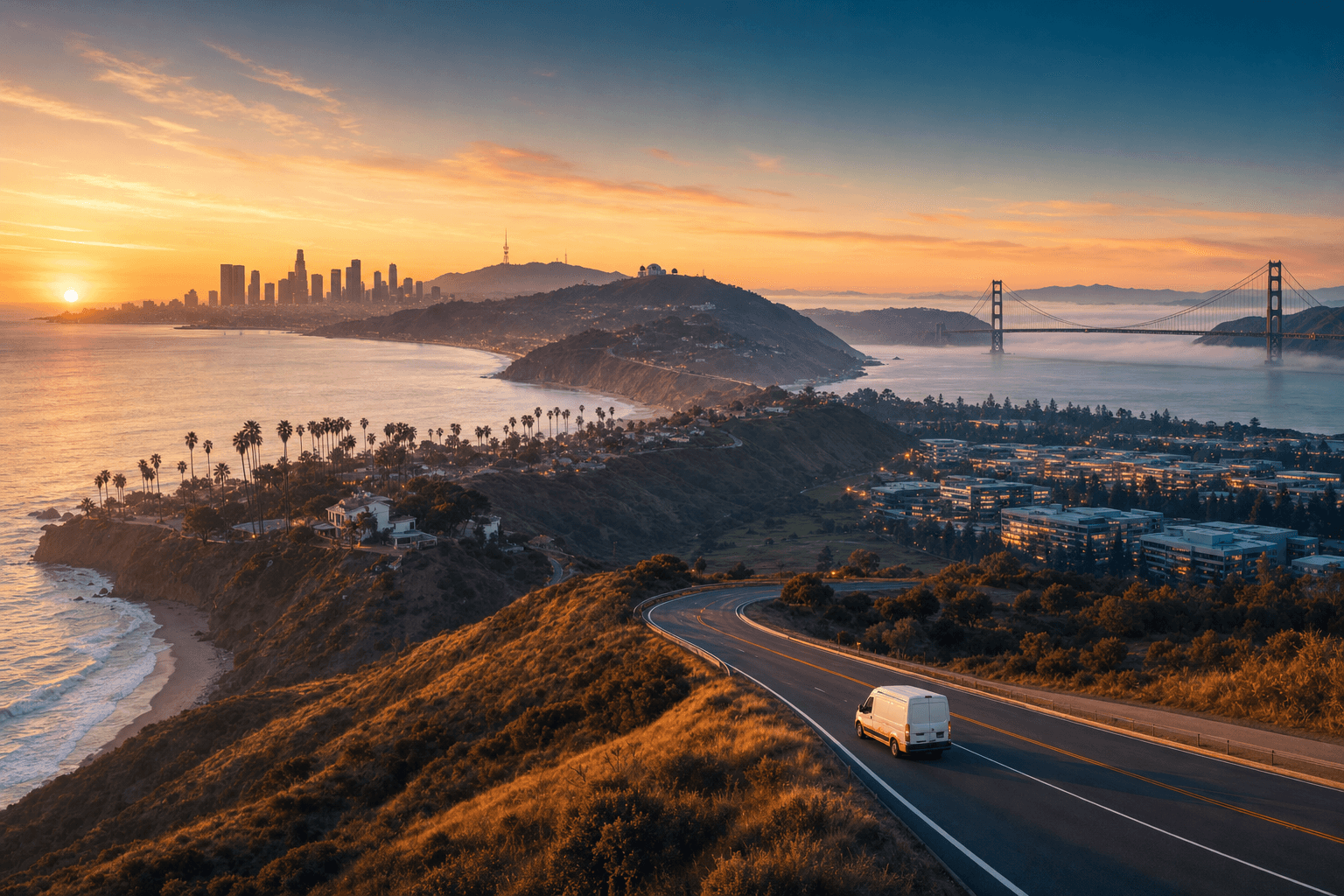 California coastal highway at dawn with the LA skyline, Bay Area, and Silicon Valley in the distance and a One & Only Locksmith mobile van on the road